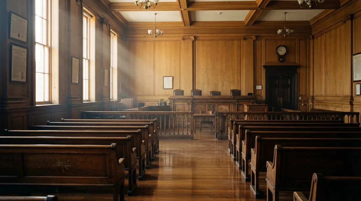 An empty courtroom with wooden benches in morning light