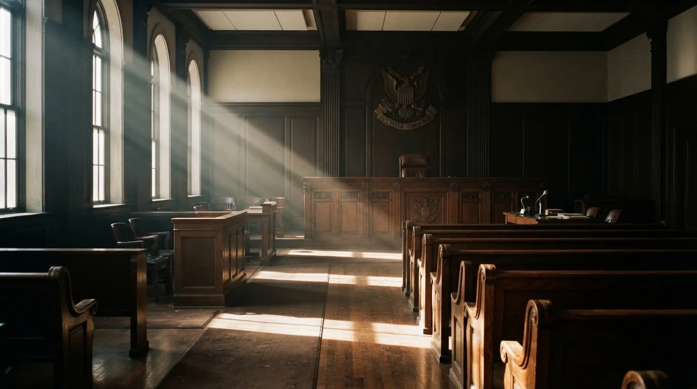 An empty courtroom with wooden benches in morning light