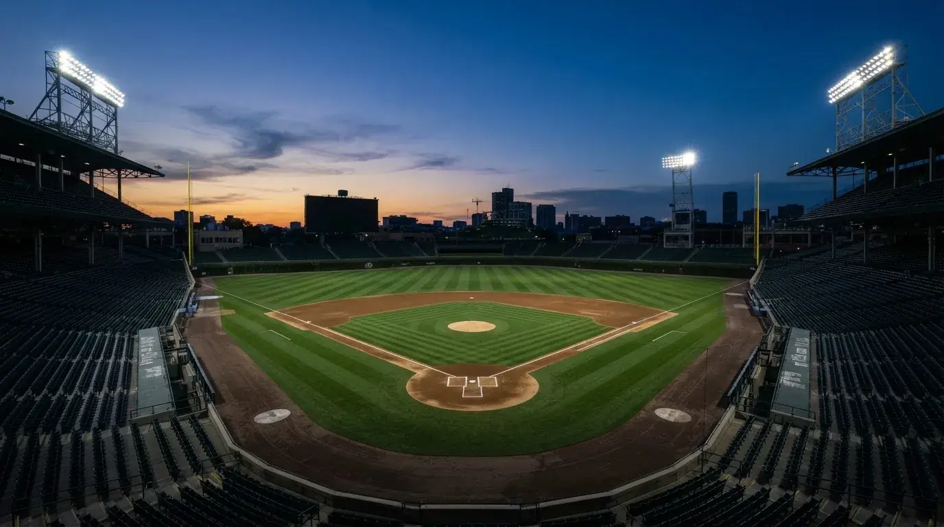 An empty football stadium with floodlight masts at dusk