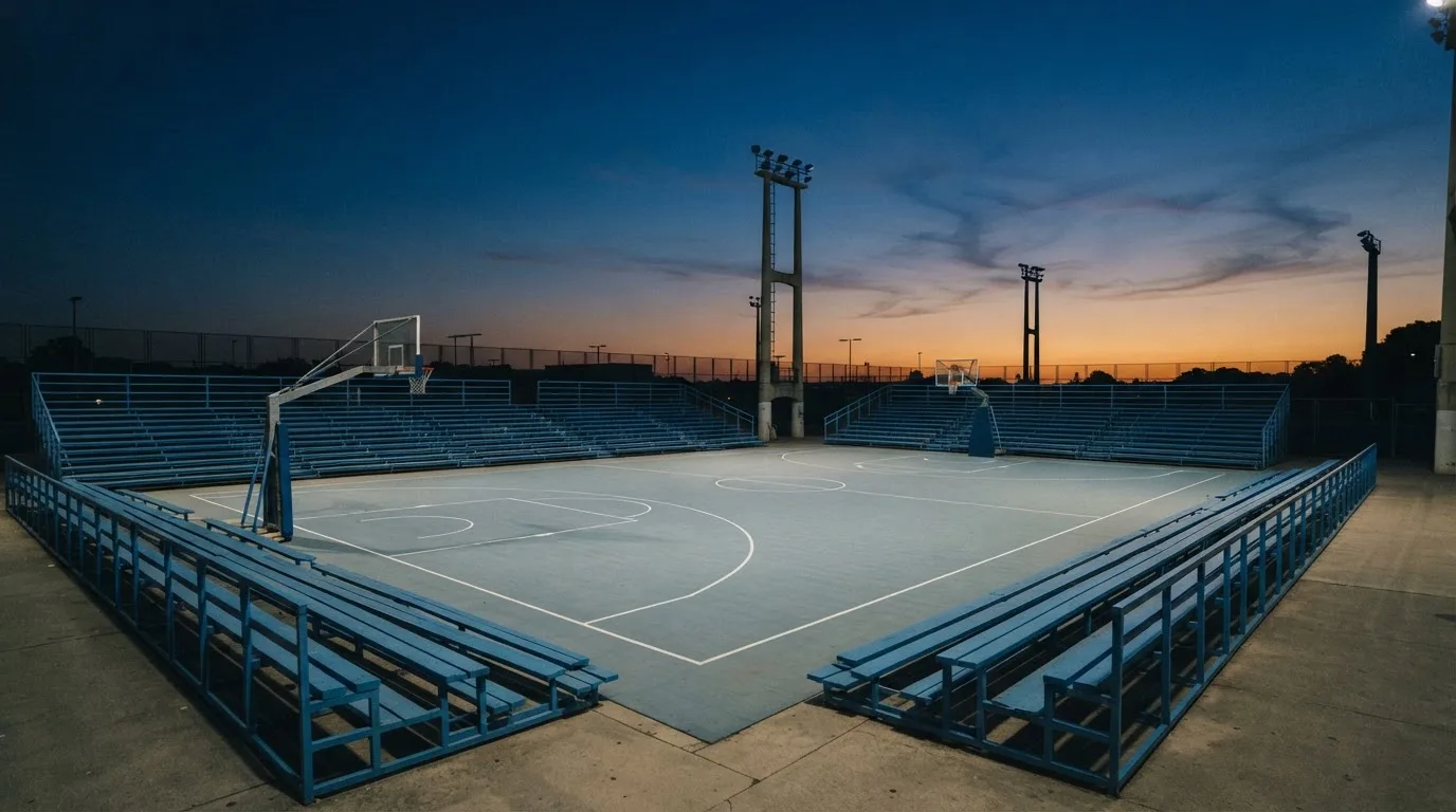 An empty football stadium with floodlight masts at dusk
