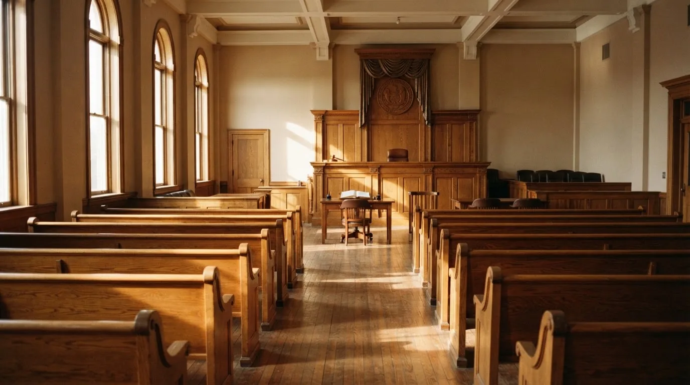 An empty courtroom with wooden benches in morning light