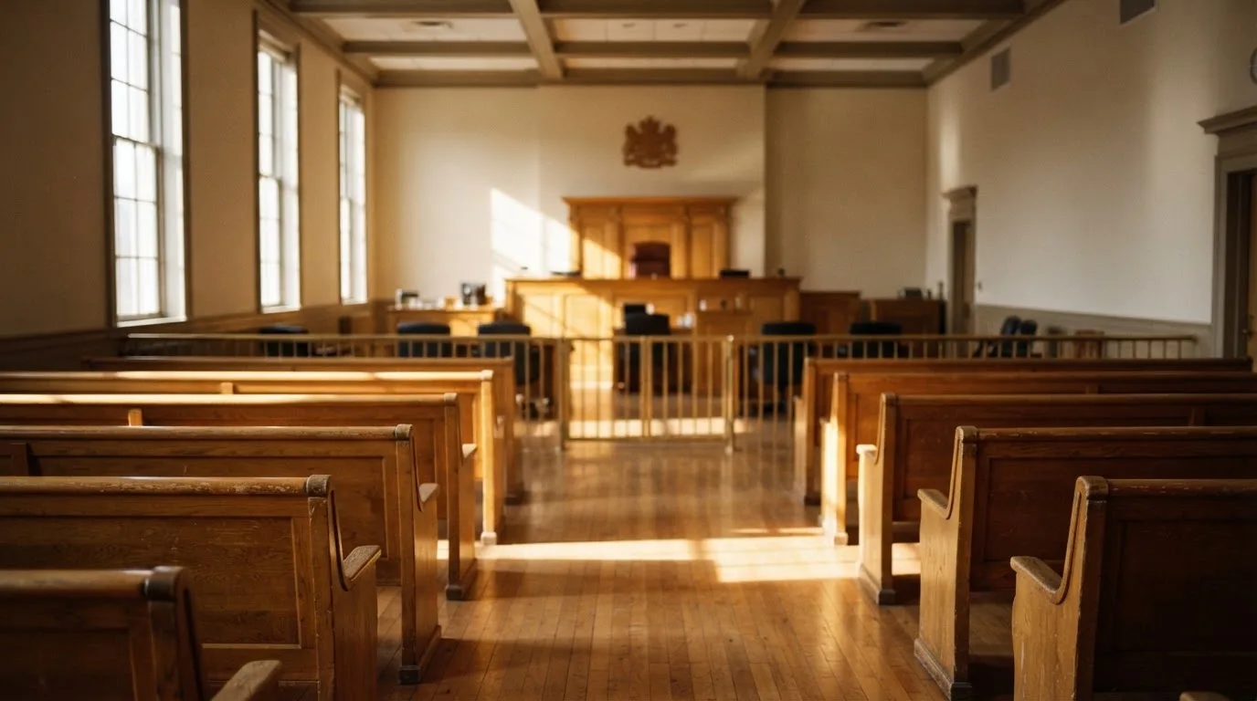 An empty courtroom with wooden benches in morning light