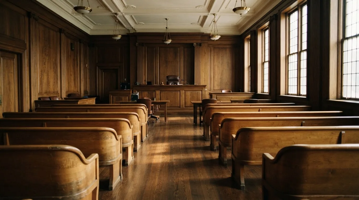 An empty courtroom with wooden benches in morning light