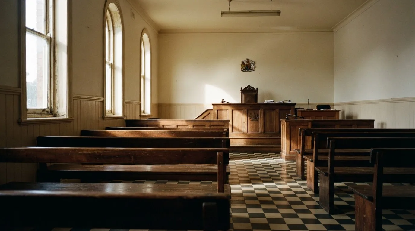 An empty courtroom with wooden benches in morning light