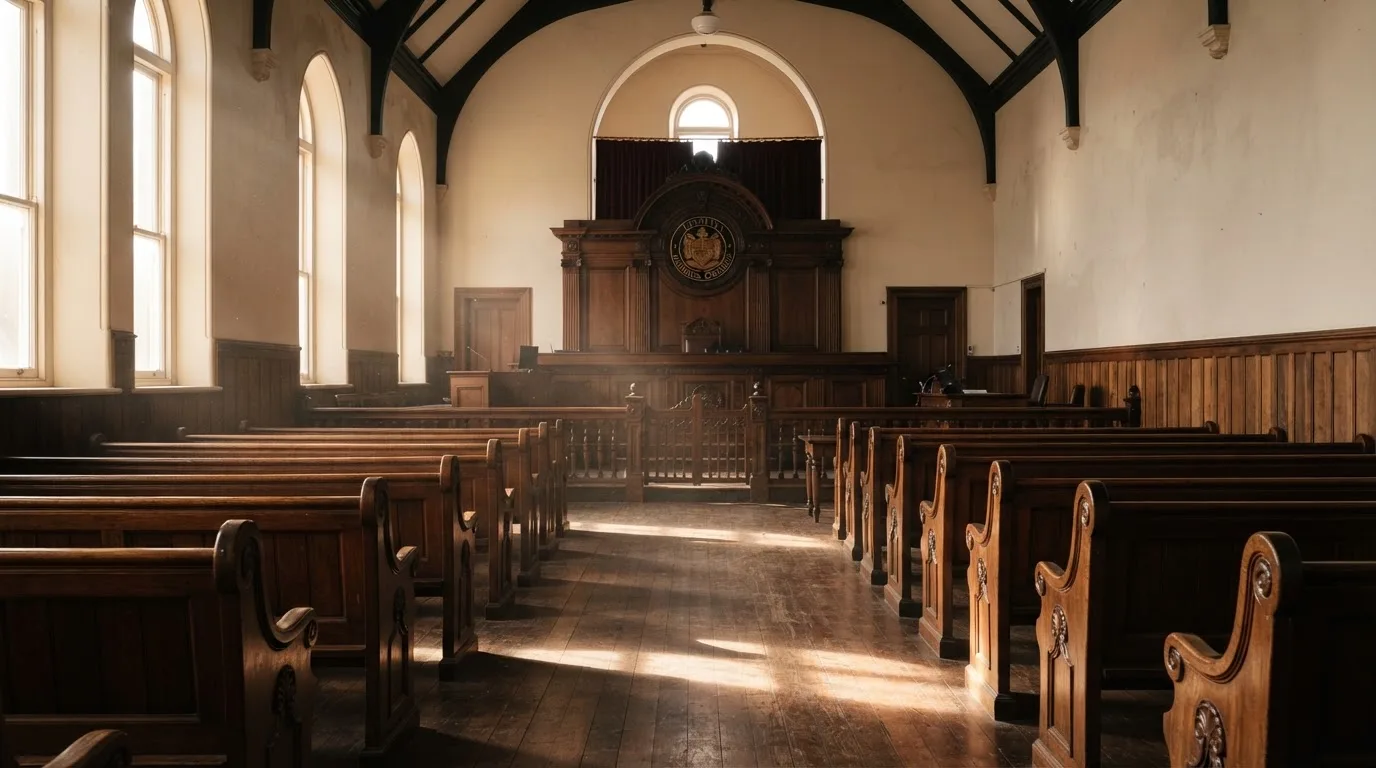 An empty courtroom with wooden benches in morning light