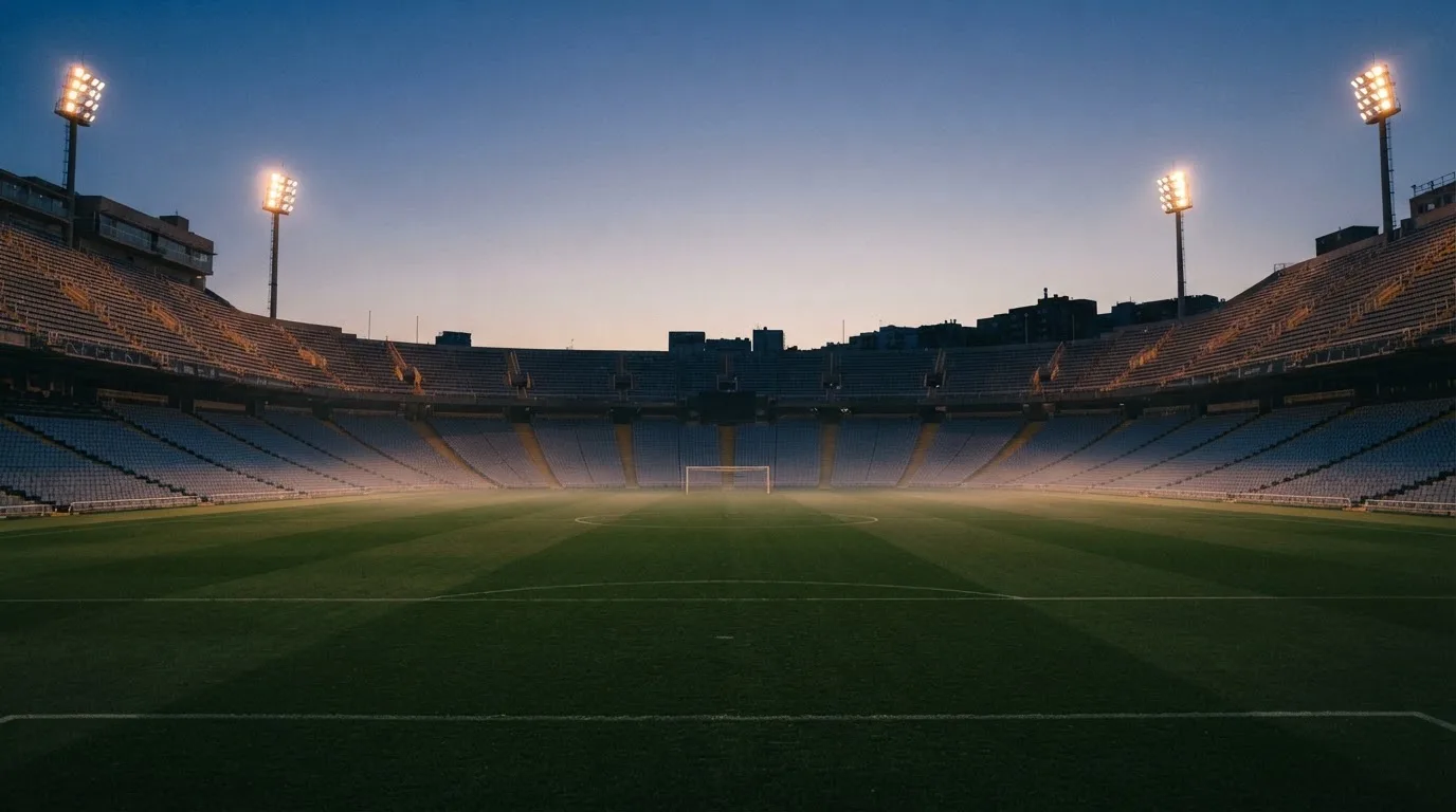 An empty football stadium with floodlight masts at dusk
