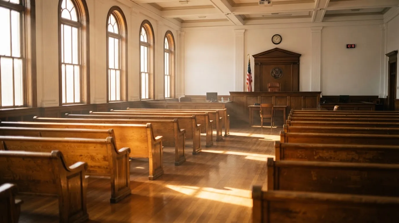 An empty courtroom with wooden benches in morning light