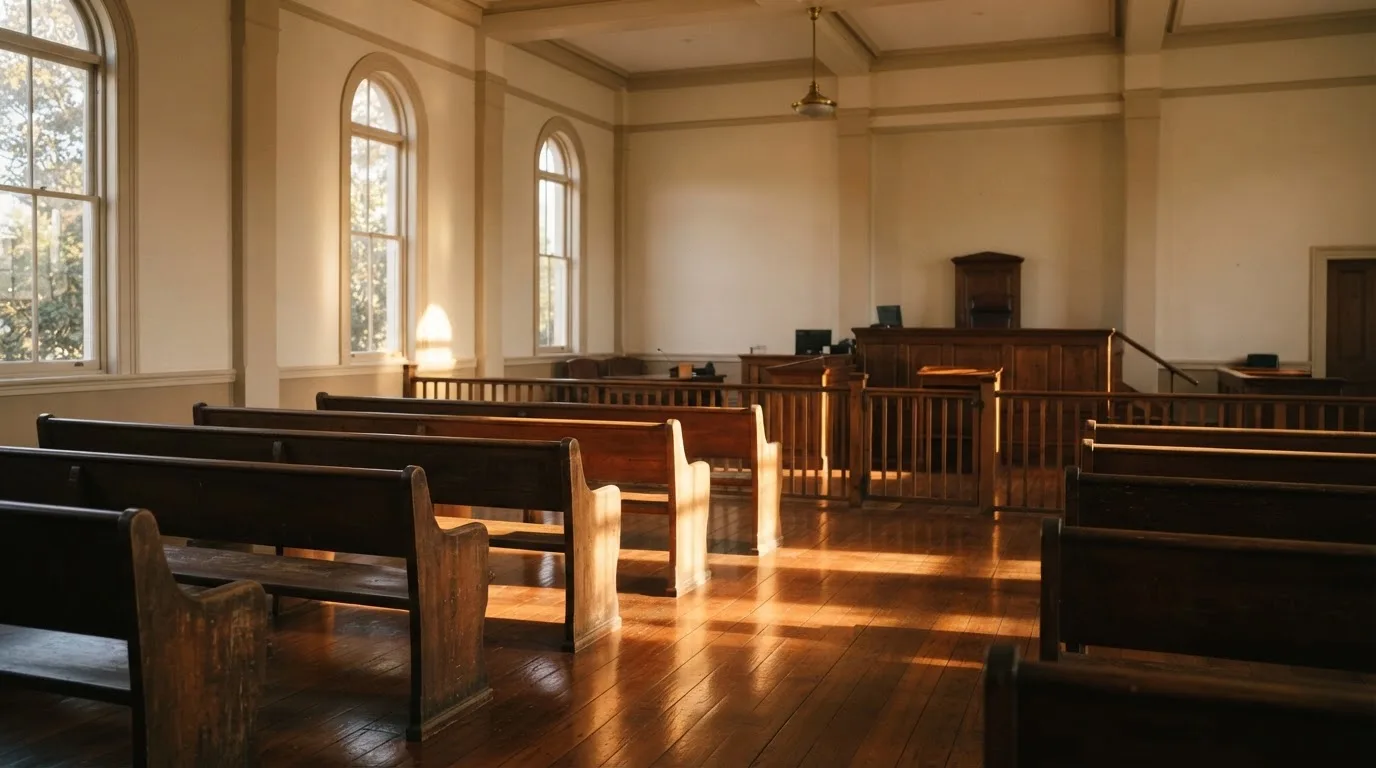 An empty courtroom with wooden benches in morning light