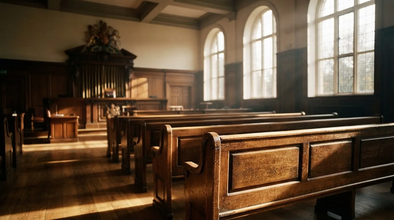 An empty courtroom with wooden benches in morning light