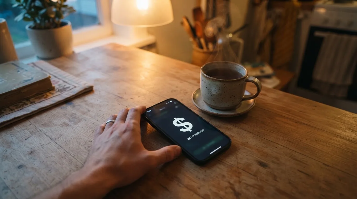 A hand setting a smartphone down beside a cup of tea on a kitchen table on a quiet evening