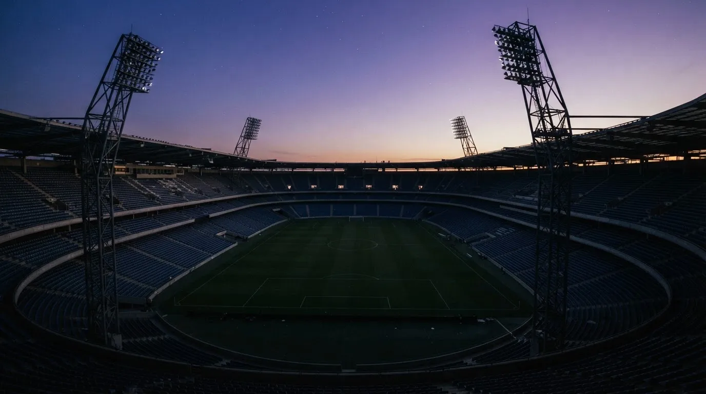 An empty football stadium with floodlight masts at dusk