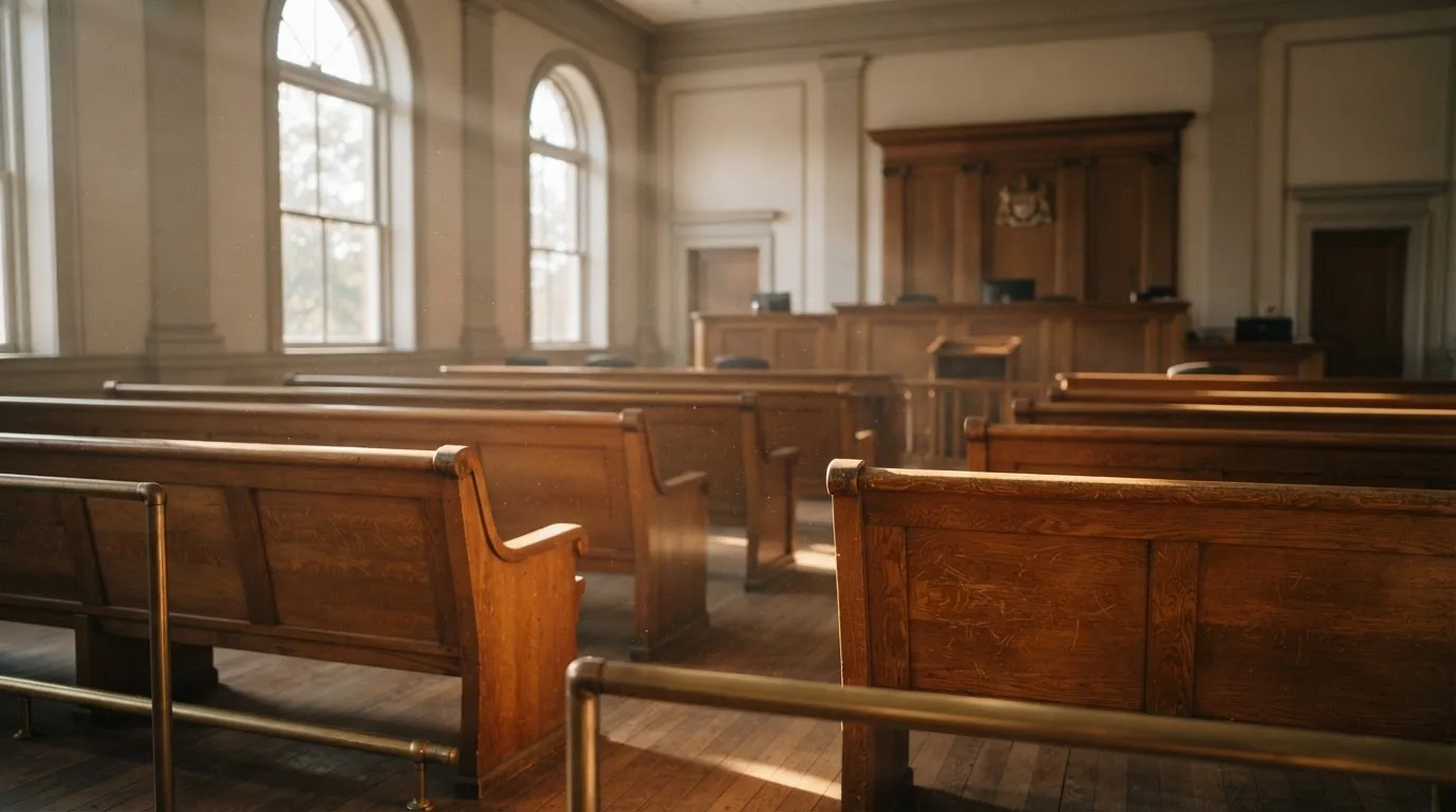 An empty courtroom with wooden benches in morning light