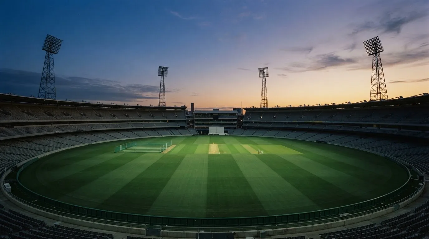 An empty football stadium with floodlight masts at dusk