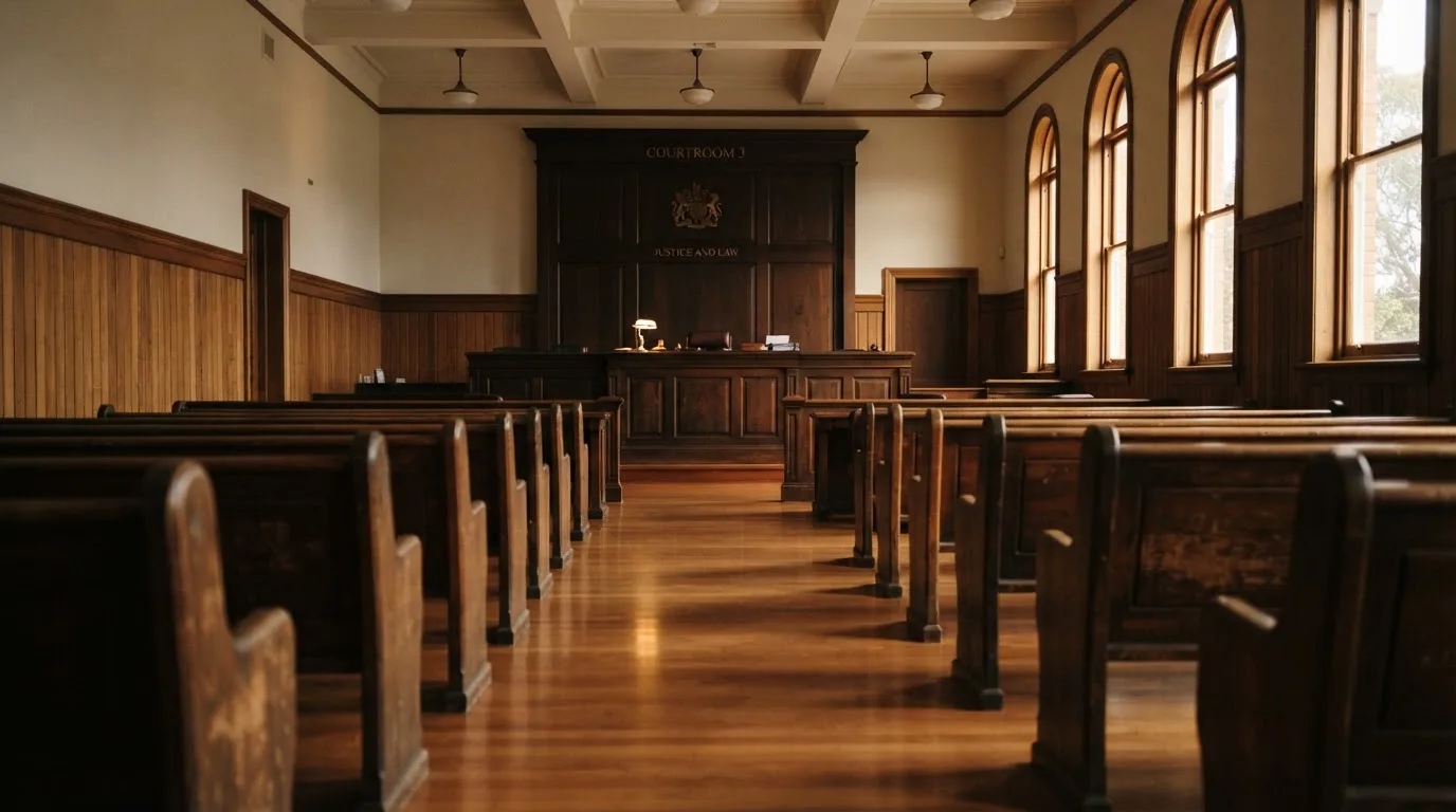 An empty courtroom with wooden benches in morning light
