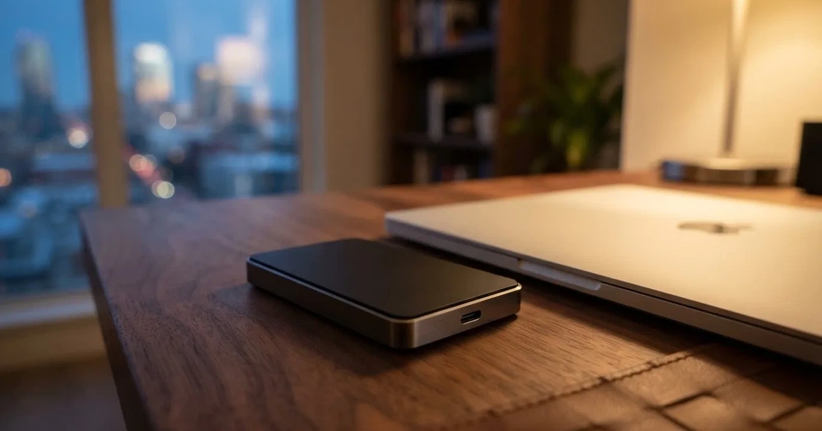 A hardware wallet and a closed laptop on a desk in dim light