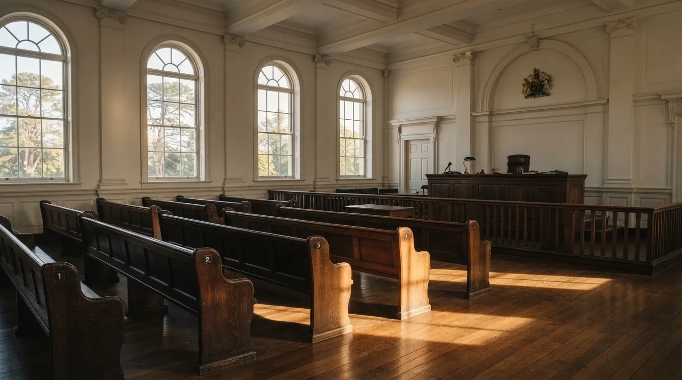 An empty courtroom with wooden benches in morning light