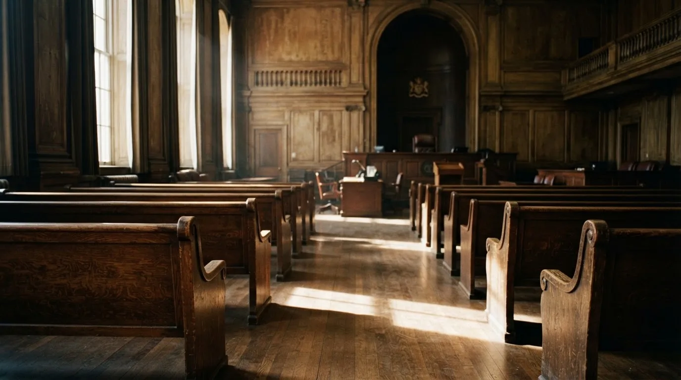 An empty courtroom with wooden benches in morning light