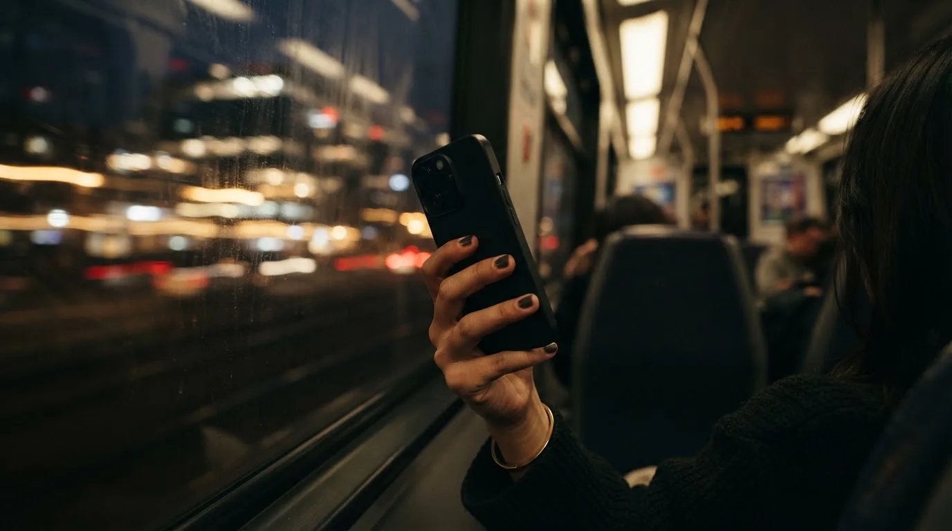 A hand holding a smartphone on a train in the evening, screen turned away