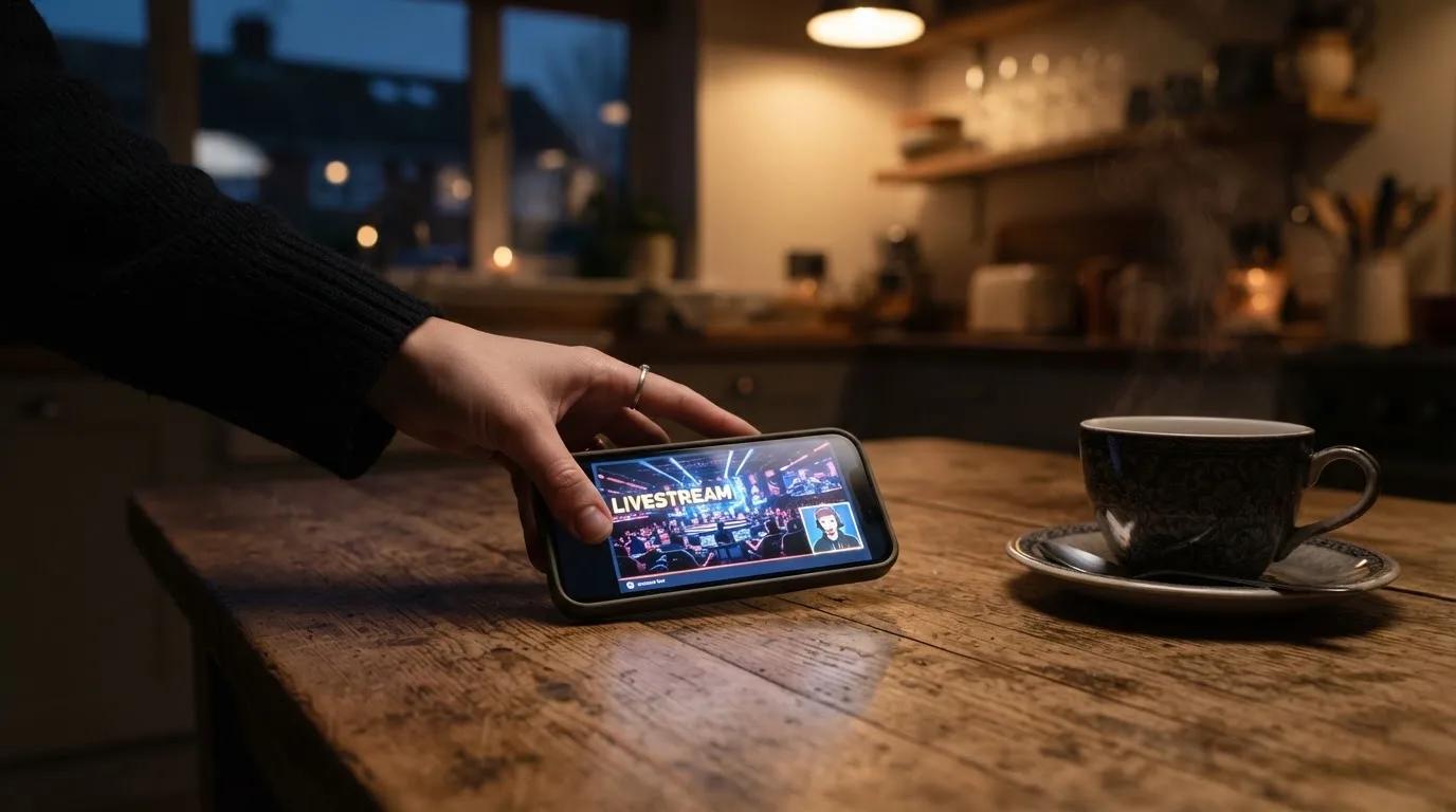 A hand setting a smartphone down beside a cup of tea on a kitchen table on a quiet evening