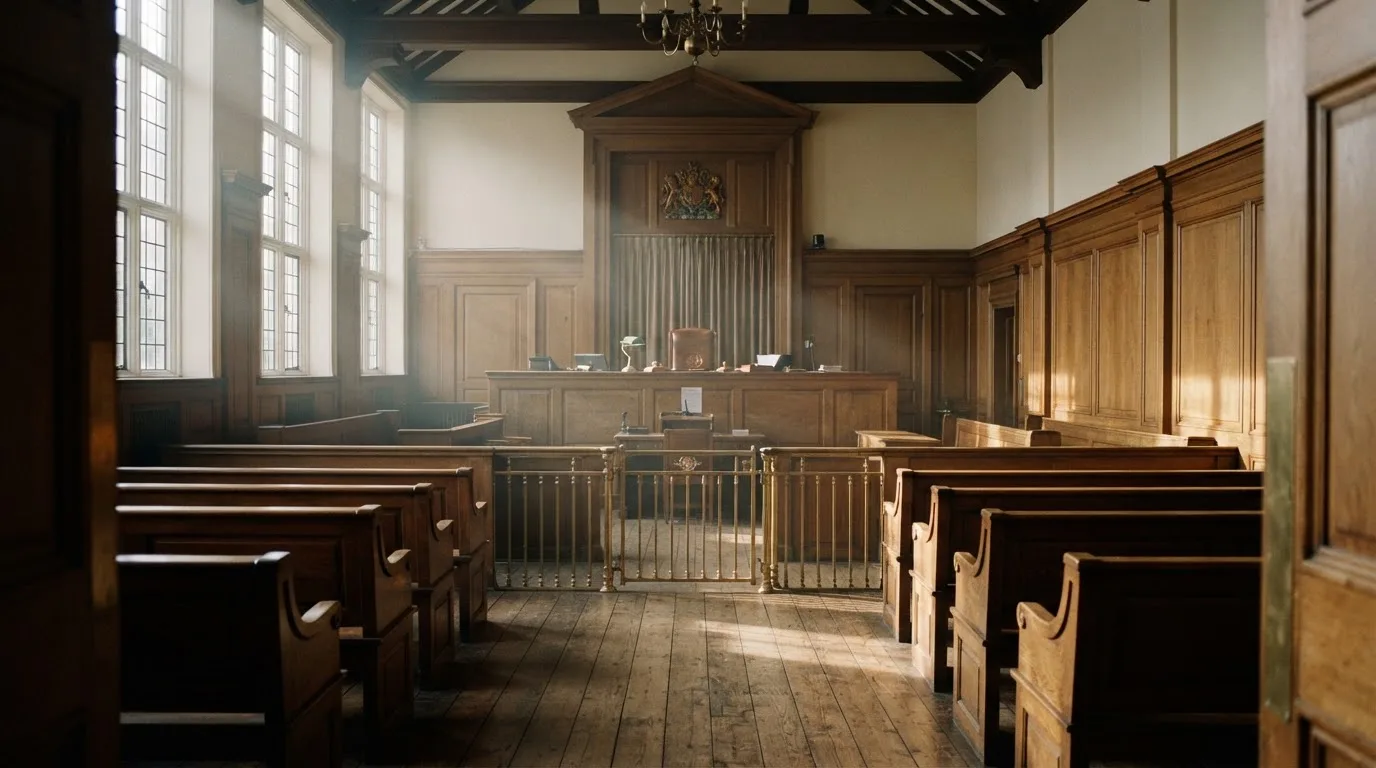 An empty courtroom with wooden benches in morning light
