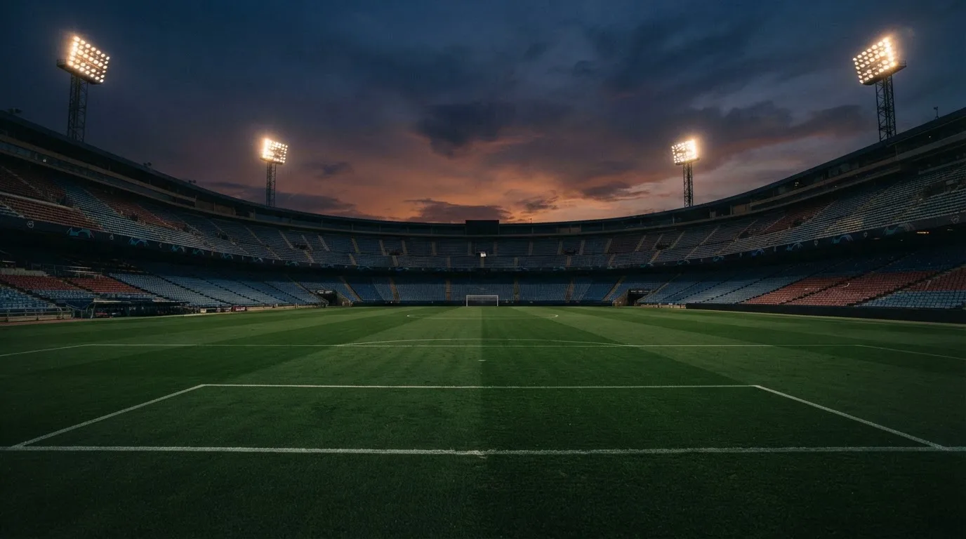 An empty football stadium with floodlight masts at dusk