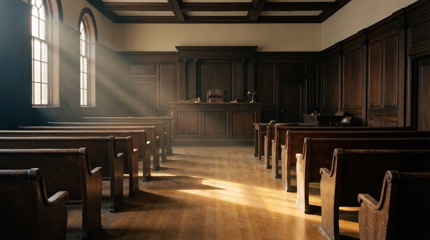 An empty courtroom with wooden benches in morning light