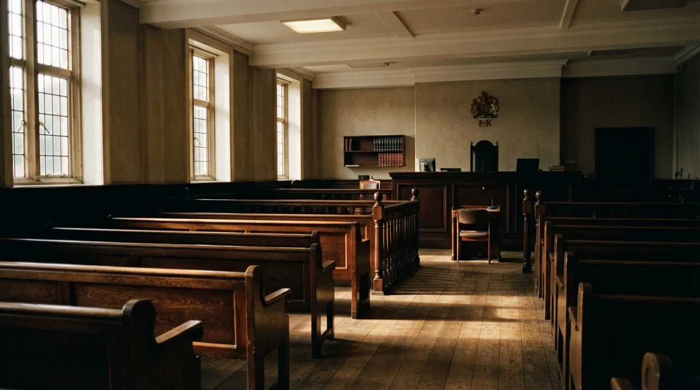 An empty courtroom with wooden benches in morning light