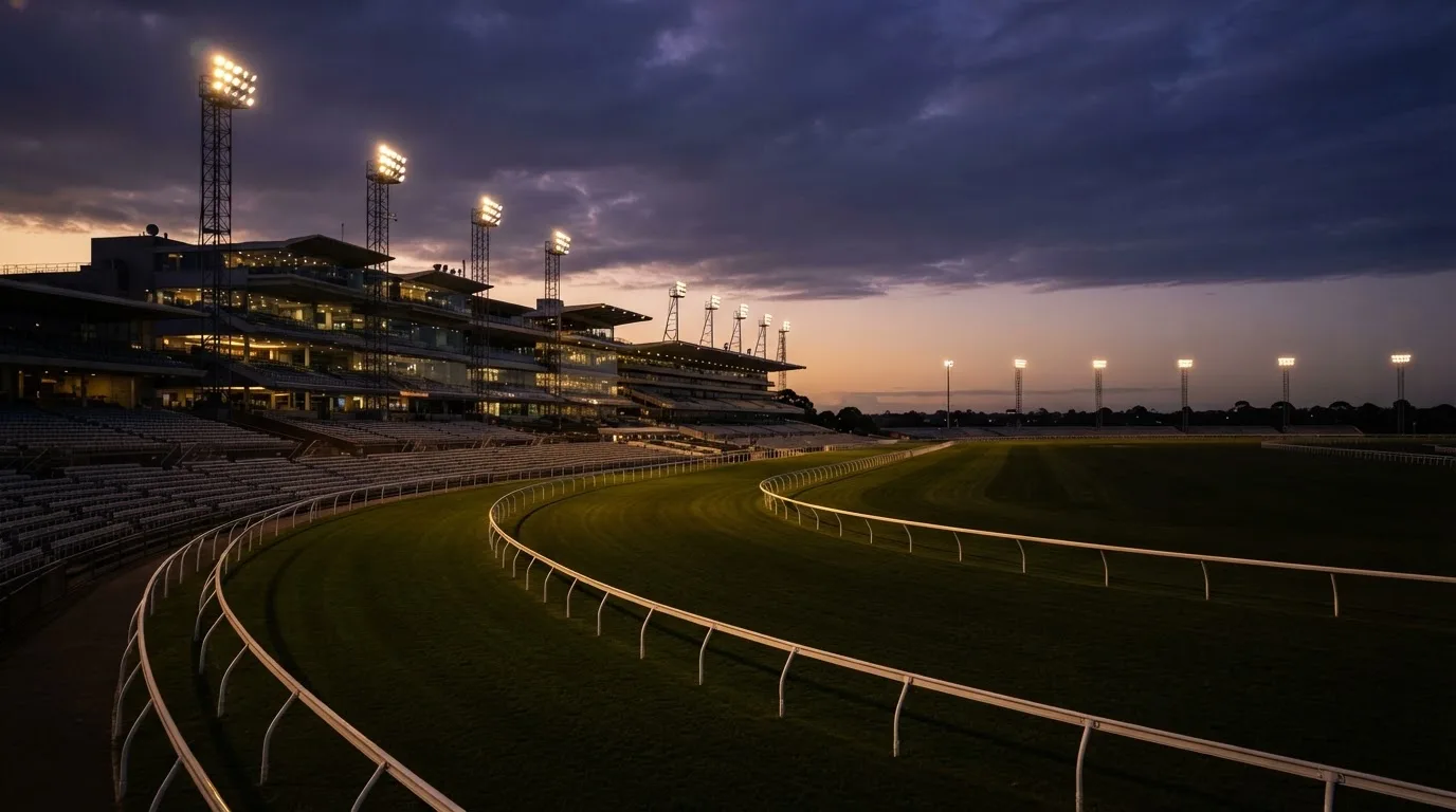An empty football stadium with floodlight masts at dusk