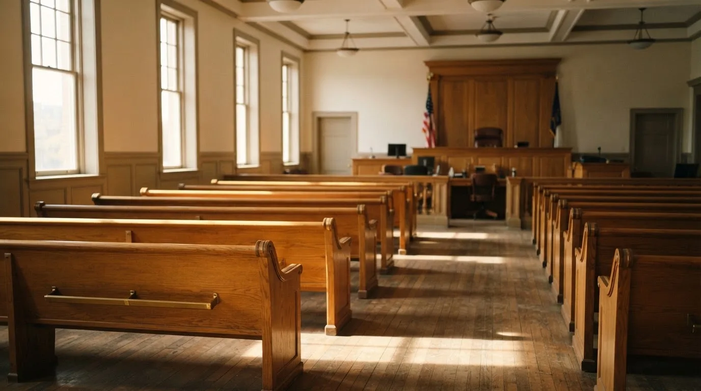 An empty courtroom with wooden benches in morning light