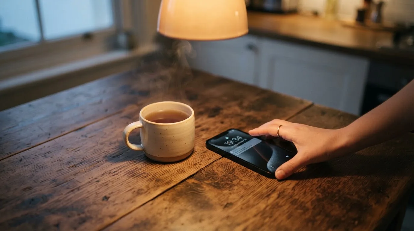 A hand setting a smartphone down beside a cup of tea on a kitchen table on a quiet evening
