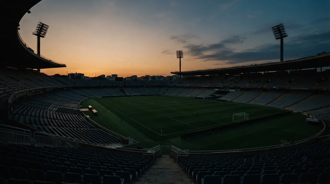 An empty football stadium with floodlight masts at dusk