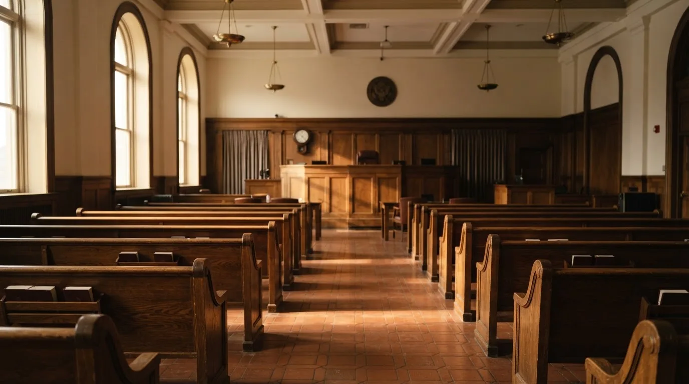 An empty courtroom with wooden benches in morning light