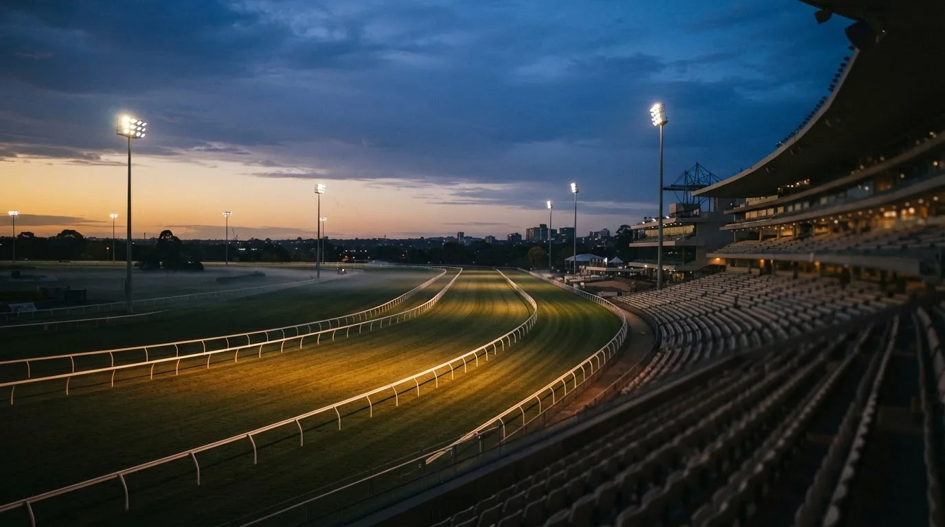 An empty football stadium with floodlight masts at dusk