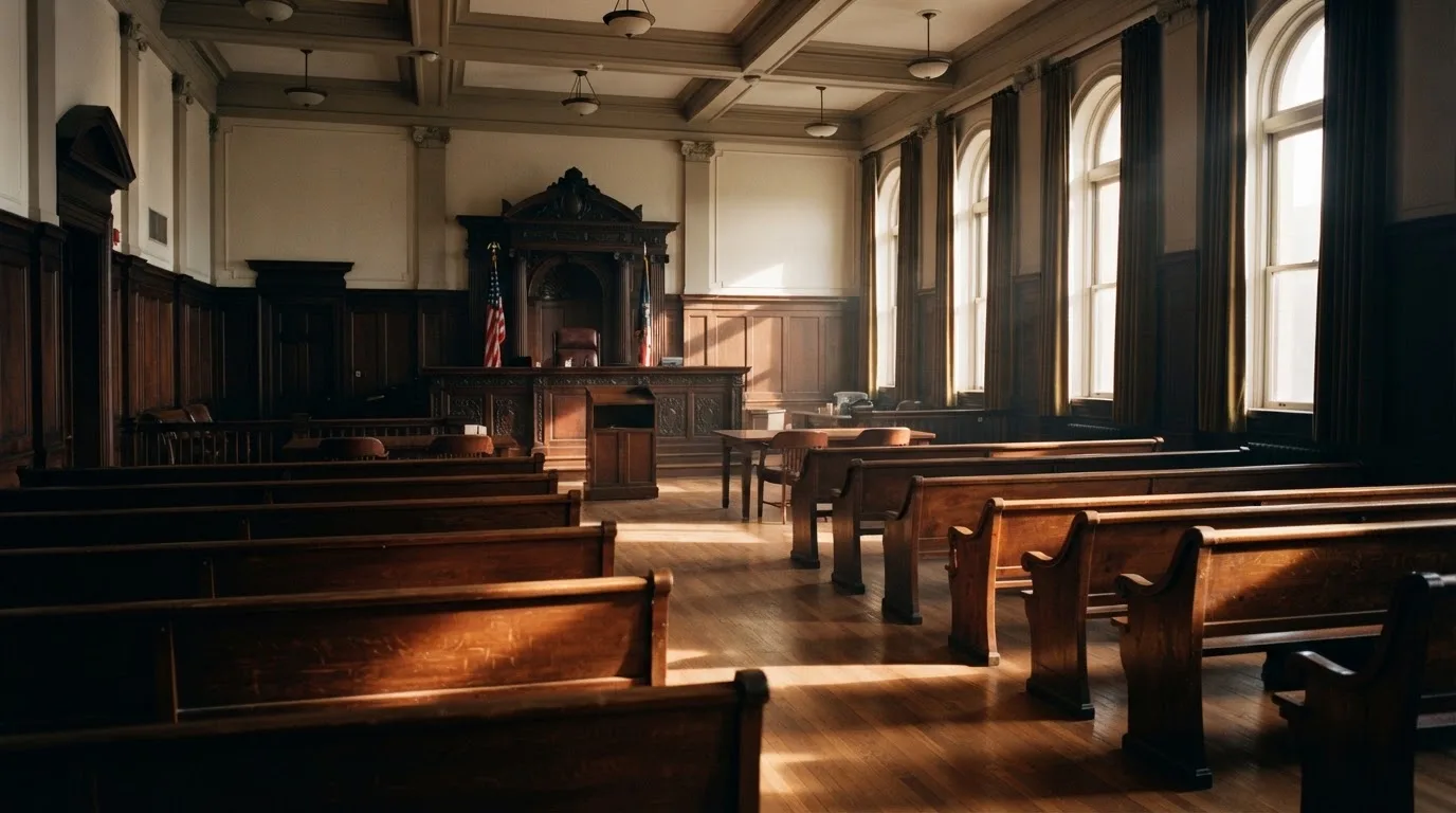 An empty courtroom with wooden benches in morning light