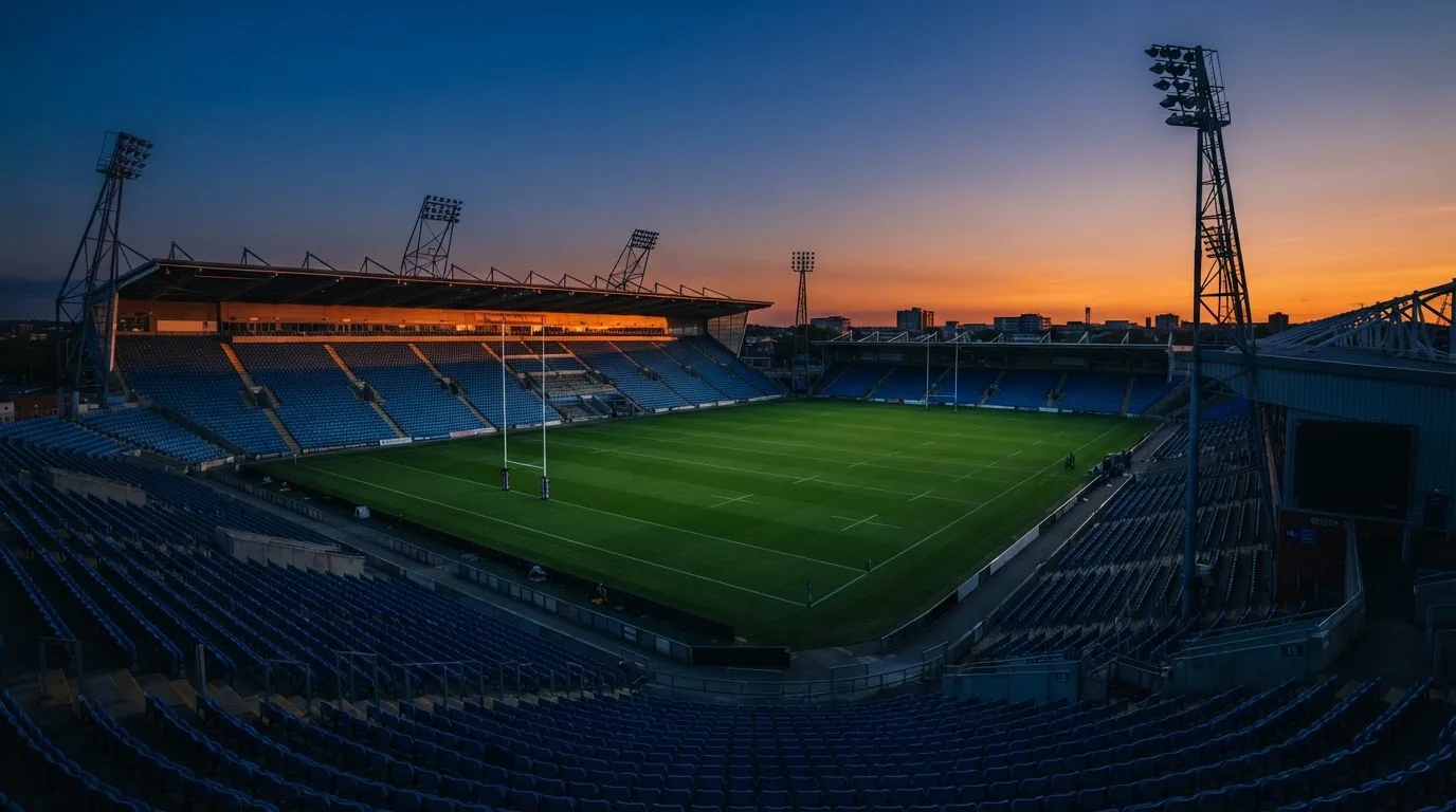 An empty football stadium with floodlight masts at dusk