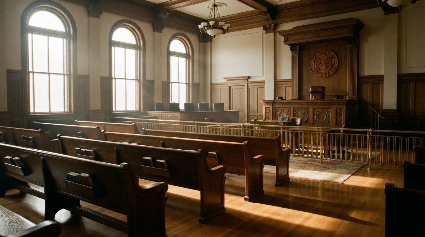 An empty courtroom with wooden benches in morning light