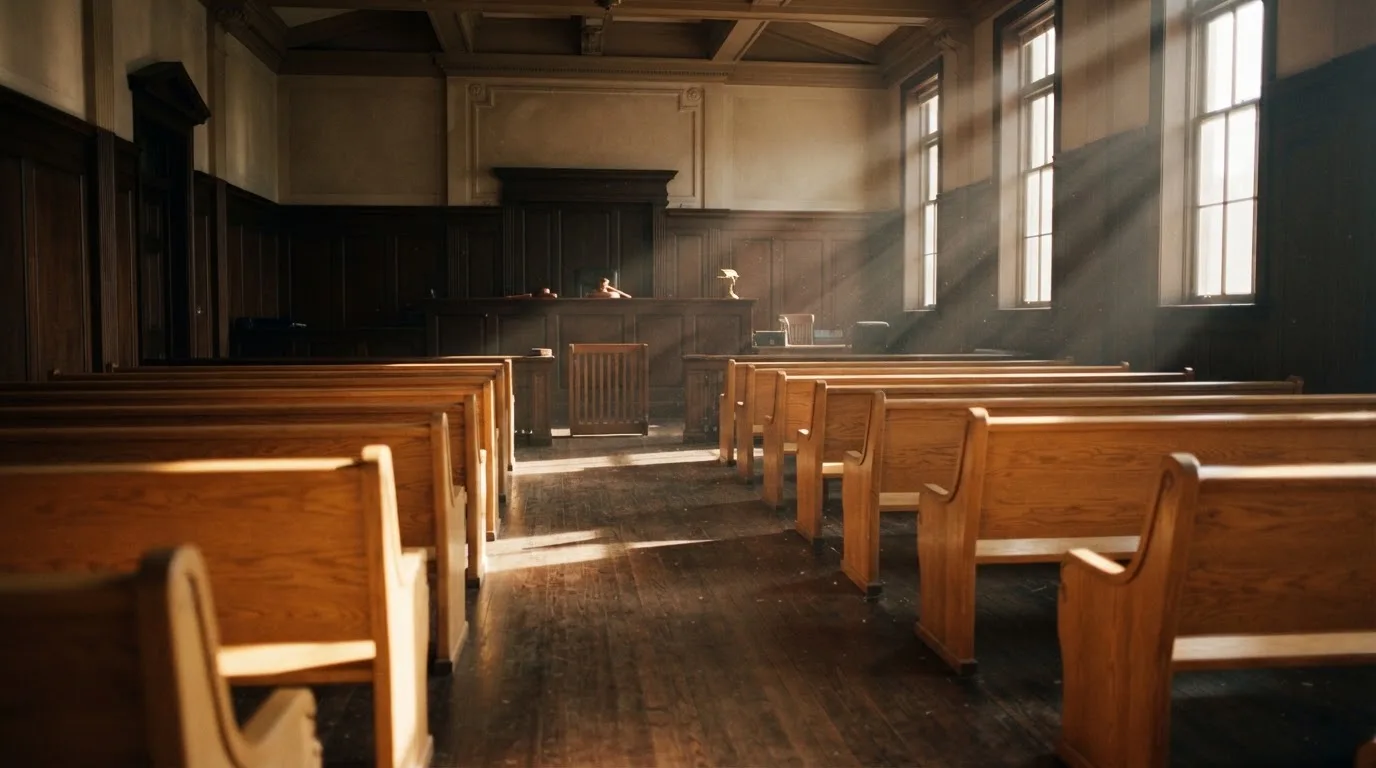 An empty courtroom with wooden benches in morning light