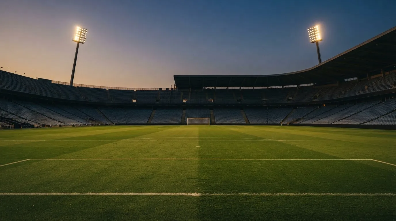 An empty football stadium with floodlight masts at dusk