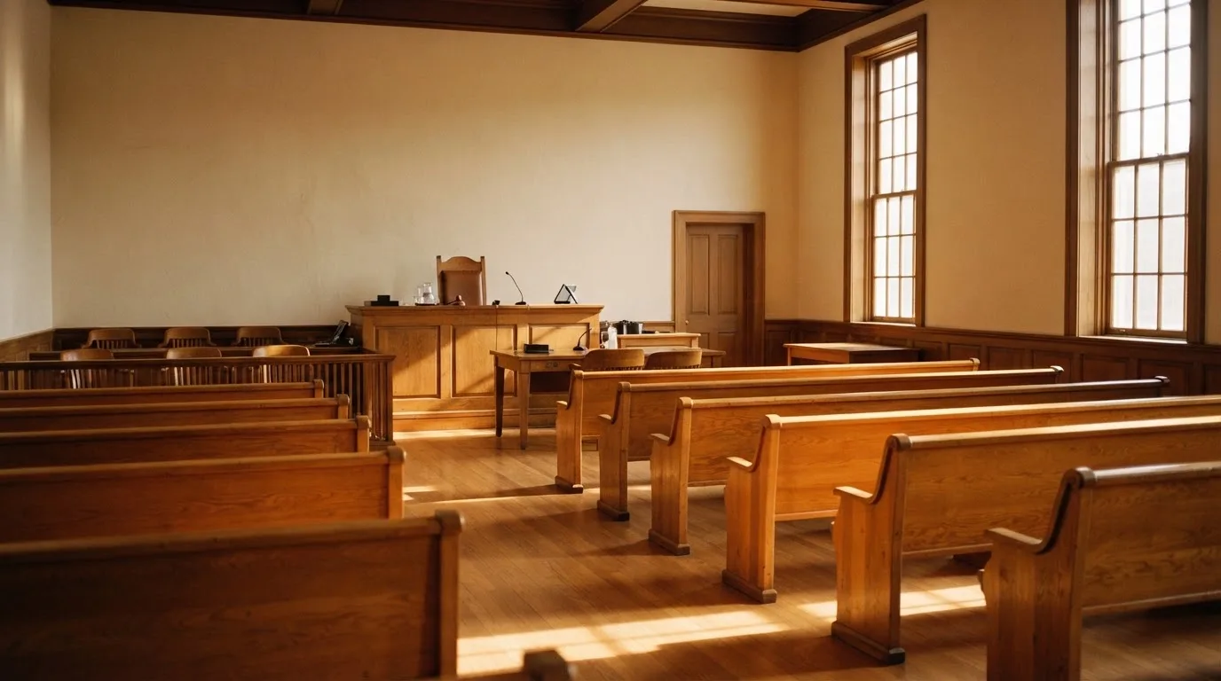 An empty courtroom with wooden benches in morning light